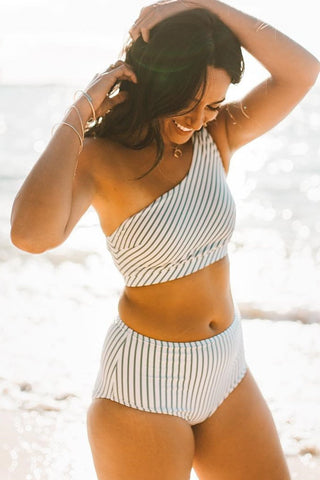 Gray Striped One Shoulder Bikini Top