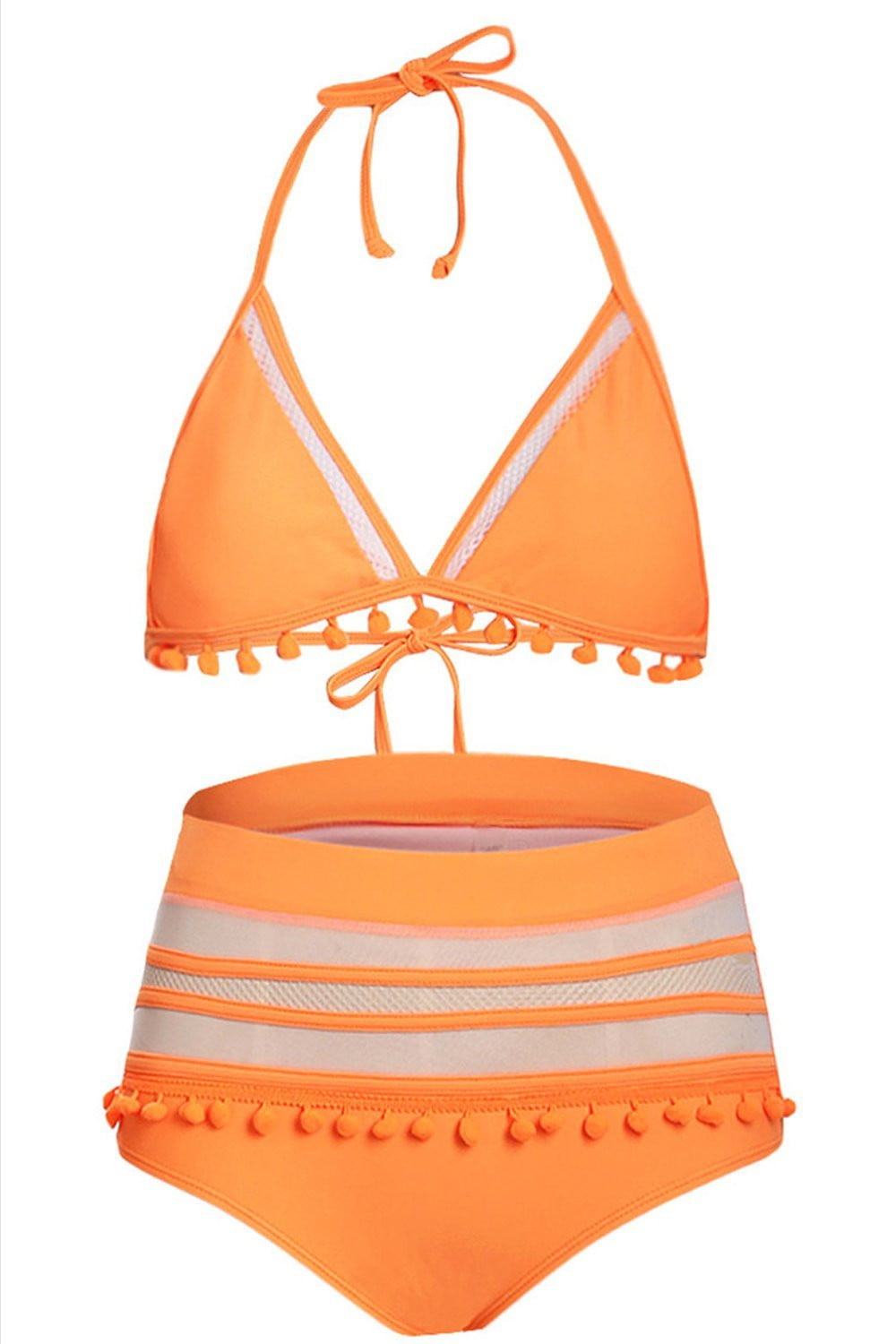 Top de bikini halter triangular con pompones de color naranja