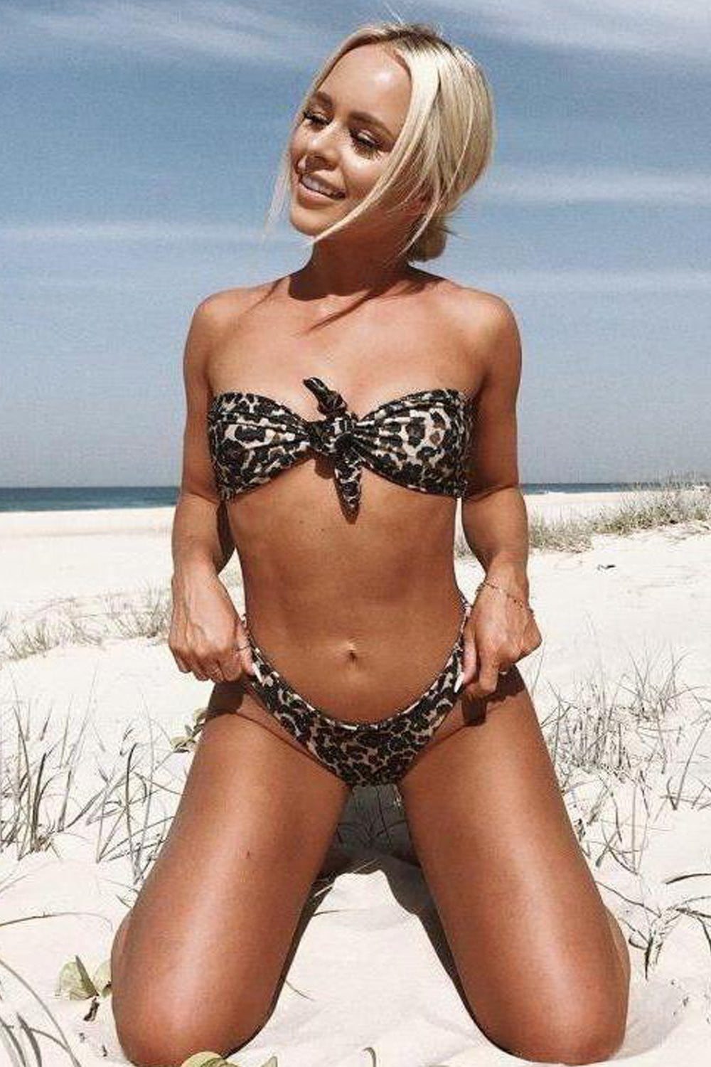 Leopard Tie Up Bow Bandeau Bikini Top