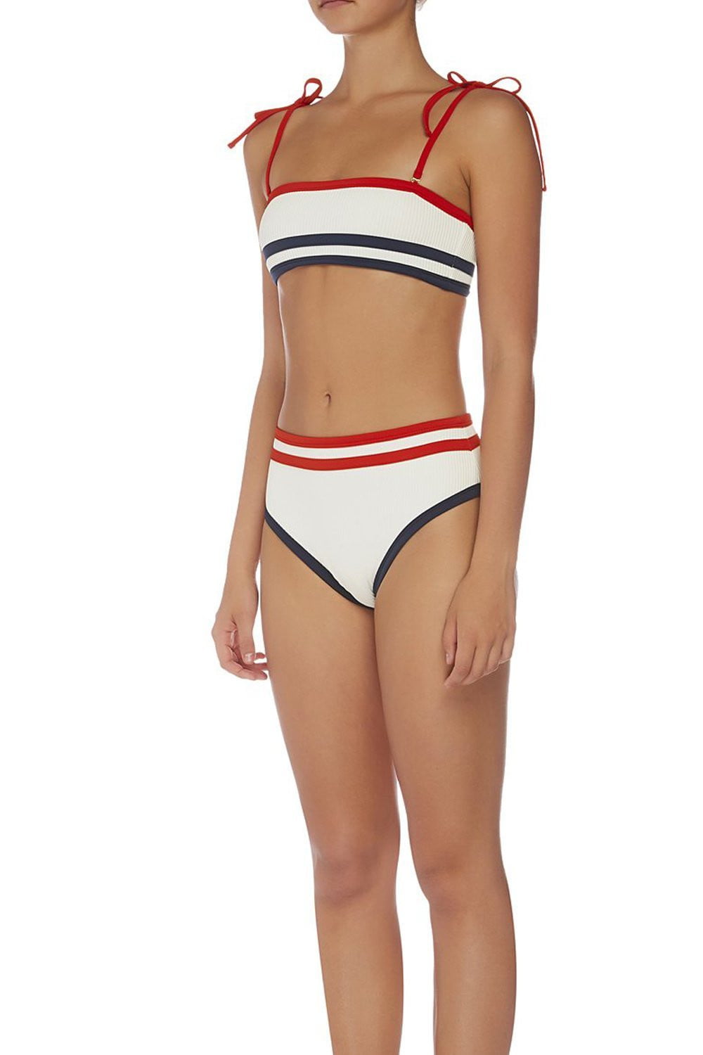 Red Black Striped Tie Shoulder Ribbed Bikini Top