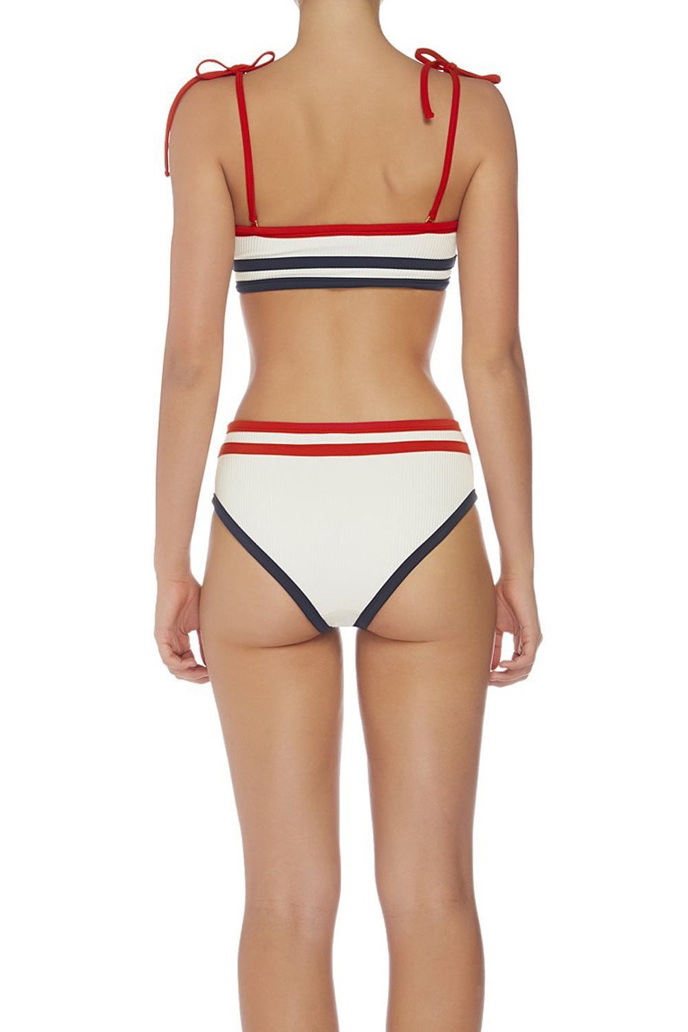 Red Black Striped Tie Shoulder Ribbed Bikini Top