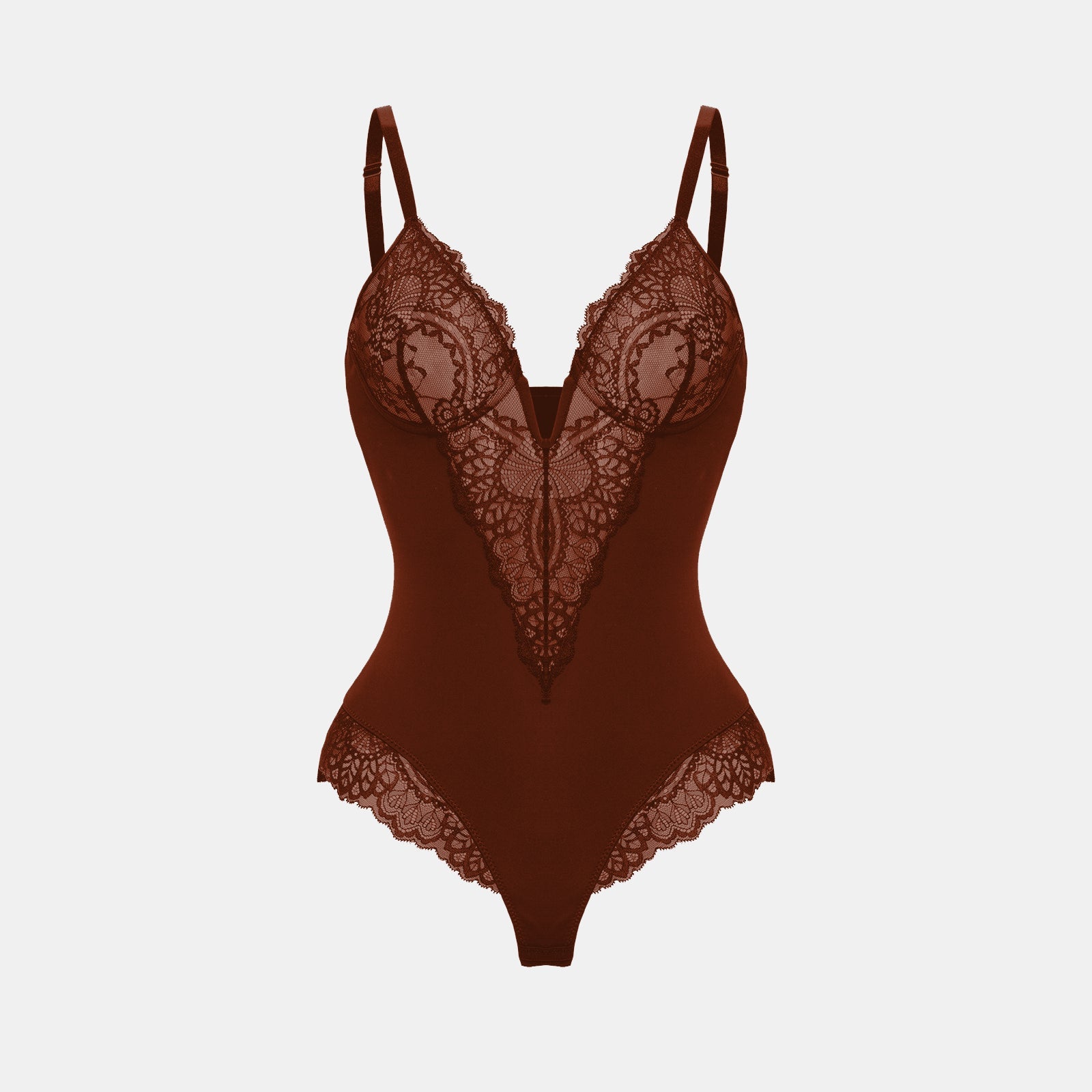 Deep-V Neck Lace Thong Bodysuit