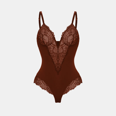 Deep-V Neck Lace Thong Bodysuit