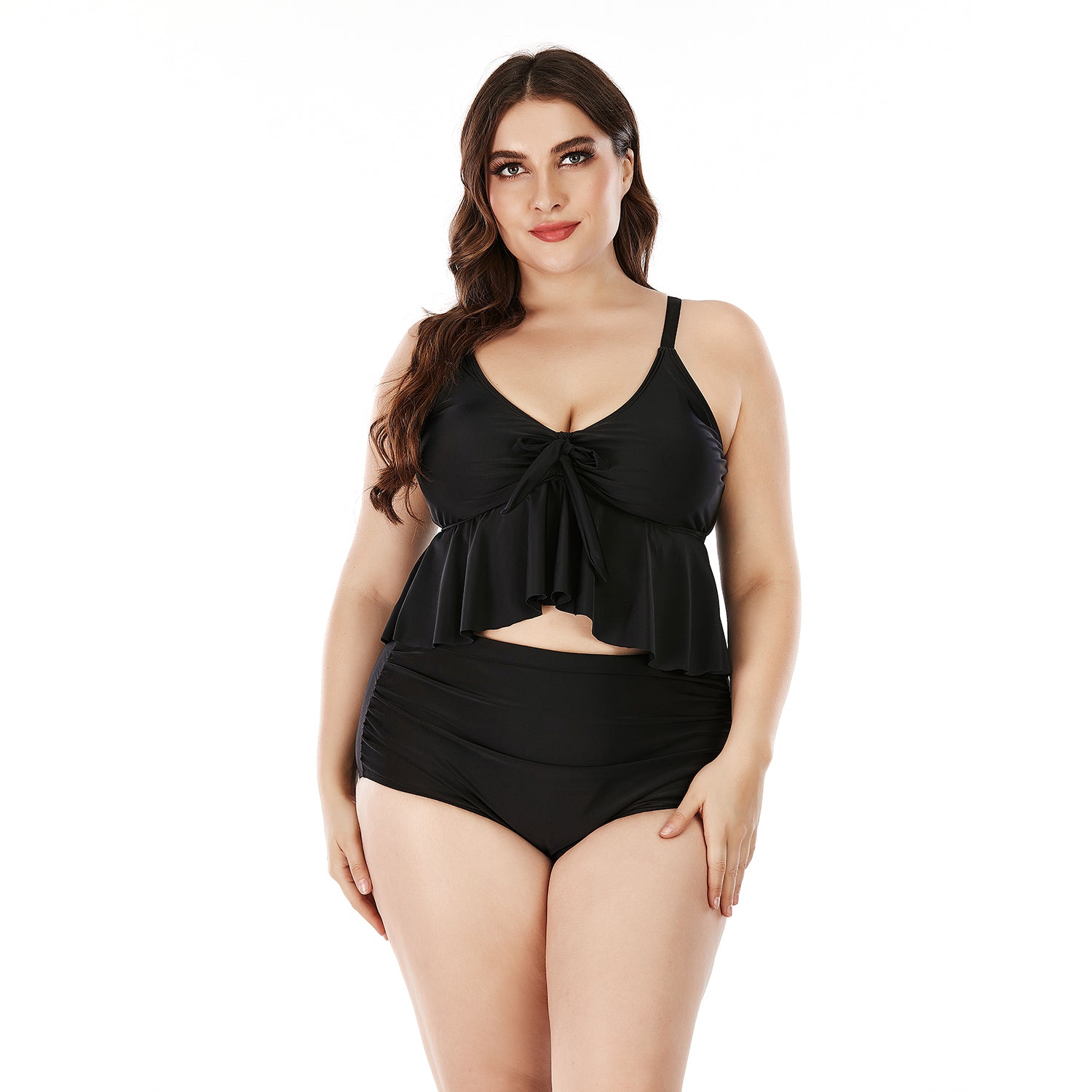 SiySiy Plus Size Two Piece Swimsuit Ruffle Plain Black Swimsuit