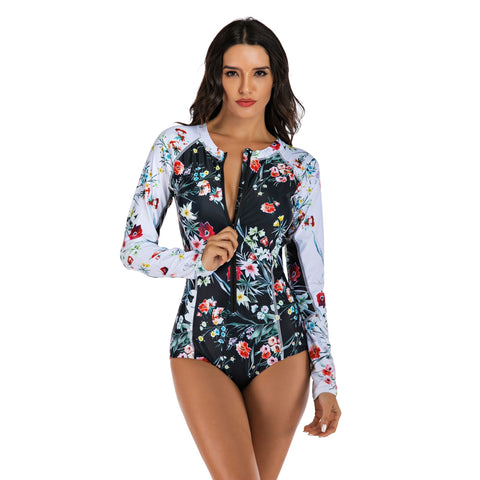 One Piece Floral Swimsuit Long Sleeve Bathing Suit for Women