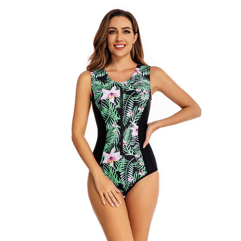 Green Color Printed Zipper One Piece Bathing Suit