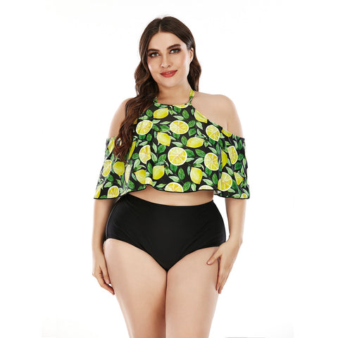 Traje de baño tankini de talla grande SiySiy con parte inferior triangular y hombros descubiertos, traje de baño de dos piezas con estampado de frutas