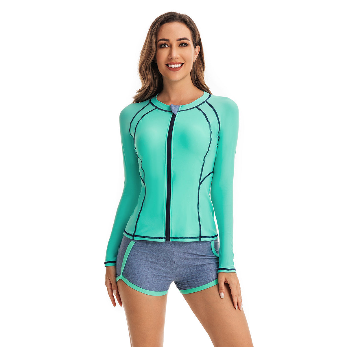 Zipper Long Sleeve Swimsuits for Blue Color