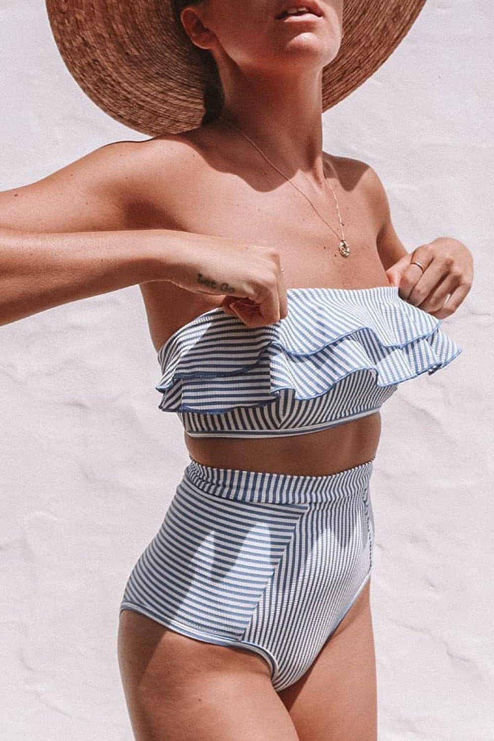 Blue White Striped Frill Bandeau Bikini Top