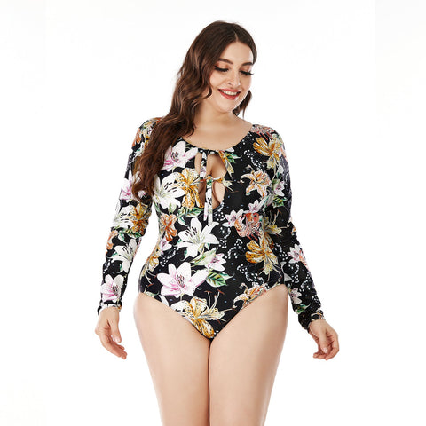 Plus Size Long Sleeve Rash Guard One Piece Printing Bathing Suits