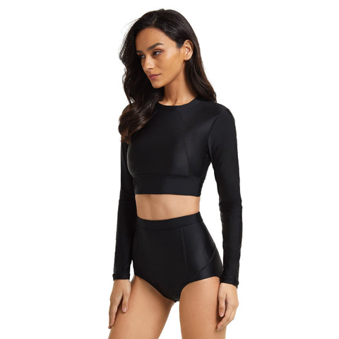 Schwarze Badeanzüge Langarm Badeanzug Crop Top Bademode