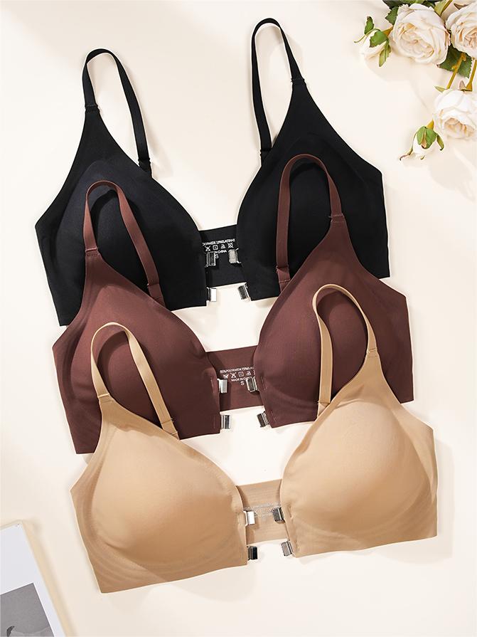 Solid Double Front Closures Wireless Bra Brown