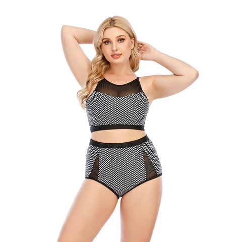 SiySiy Plus Size Two Piece Black Gauze Swimsuit Triangle Bottom Mesh Pattern Swimsuit