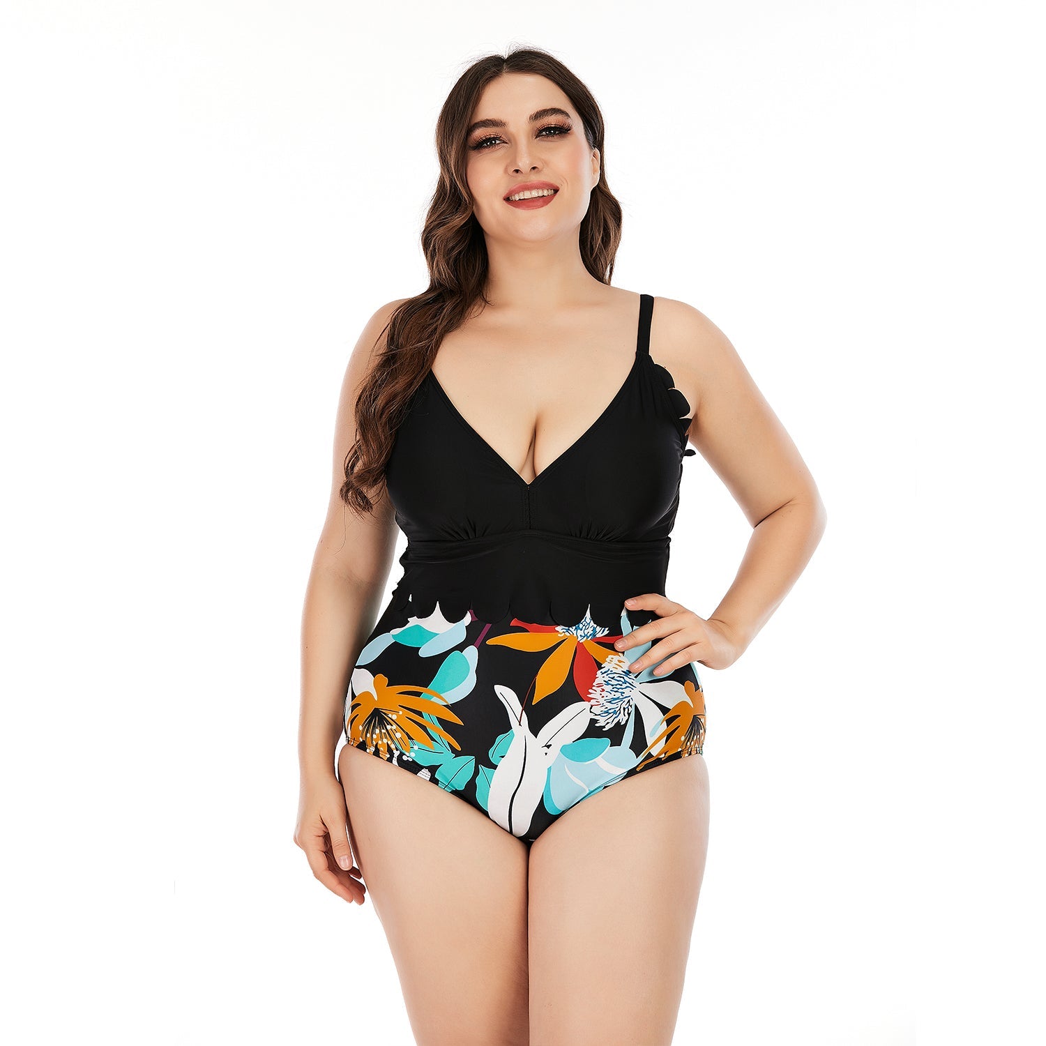 SiySiy Plus Size Swimsuit with Shorts Wavy Two Piece Swimsuit Floral Print Swimwear