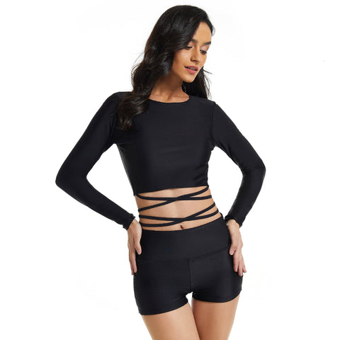 Langarm-Badeanzüge Schwarze Rash Guard Crop Tops Bademode