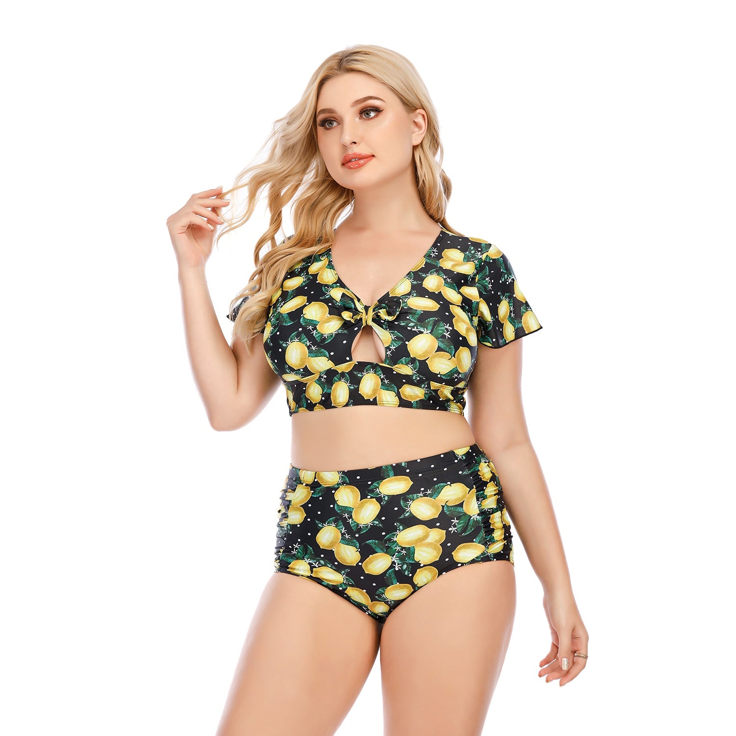 SiySiy Plus Size Two Piece Short Sleeve Swimsuit Green Fruit Pattern Swimsuit