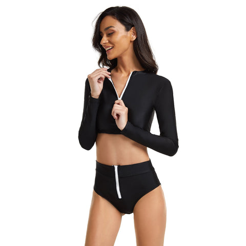 Crop Top Long Sleeve Bathing Suit Zipper Swimsuit