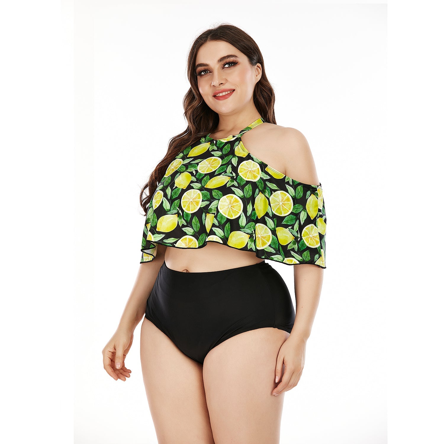 Traje de baño tankini de talla grande SiySiy con parte inferior triangular y hombros descubiertos, traje de baño de dos piezas con estampado de frutas