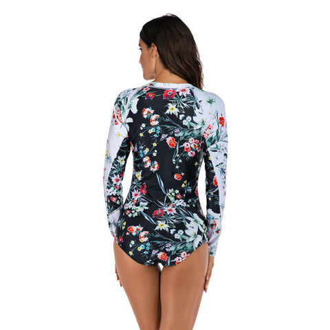 One Piece Floral Swimsuit Long Sleeve Bathing Suit for Women