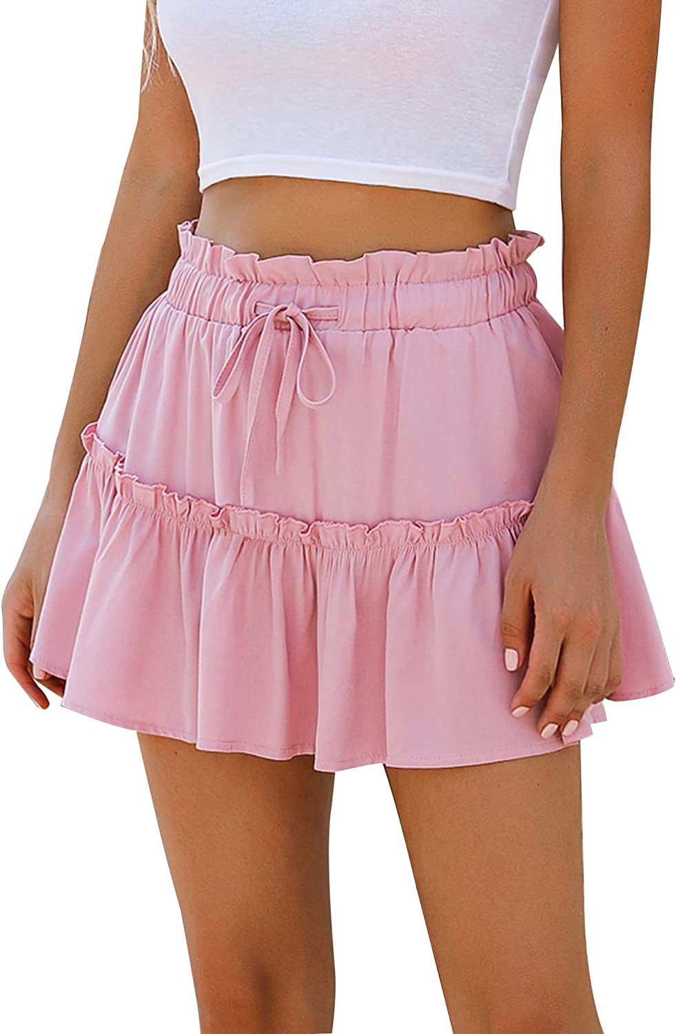 Avidlove Summer High Waist Ruffle Short Skirt A-Line Beach Mini Skirts with Drawstring