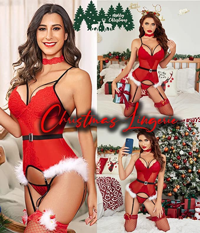 Avidlove Weihnachtsdessous für Spitzenbodysuit Dessous-Set Korsett Dessous Boudoir-Outfits 