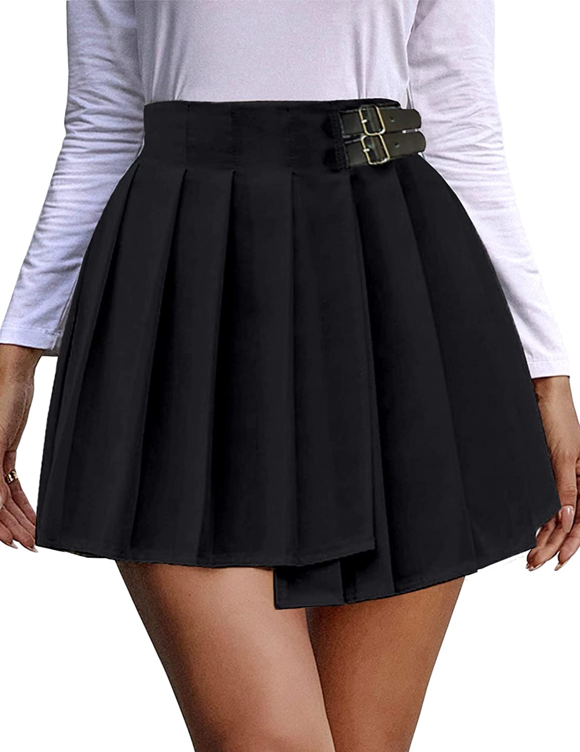 Avidlove Plaid Pleated A-Line High Waist Uniform Mini Skirt with Elastic Band