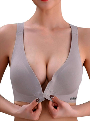 Deep V Minimizer Front Closure Push-up Wireless Bra Gray