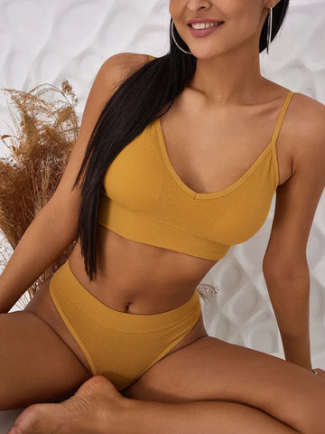 Conjunto de sujetador push-up y ropa interior sin aros, cómodo y suave con copa triangular francesa, color amarillo