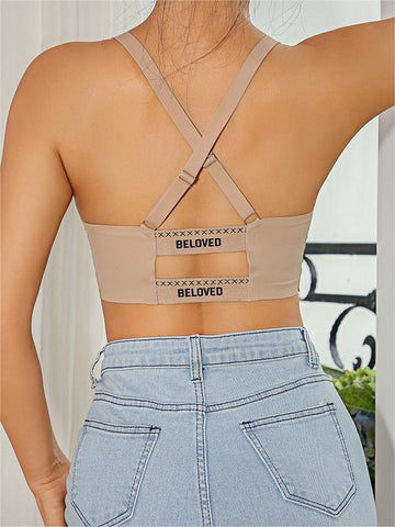 Cross Back Letter Print Wireless Bralette