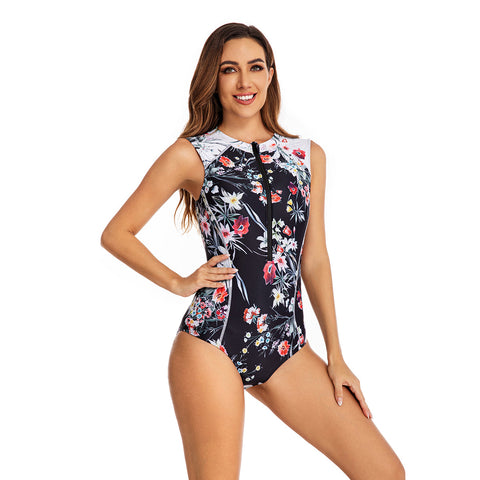 Traje de baño de una pieza con estampado floral y cremallera