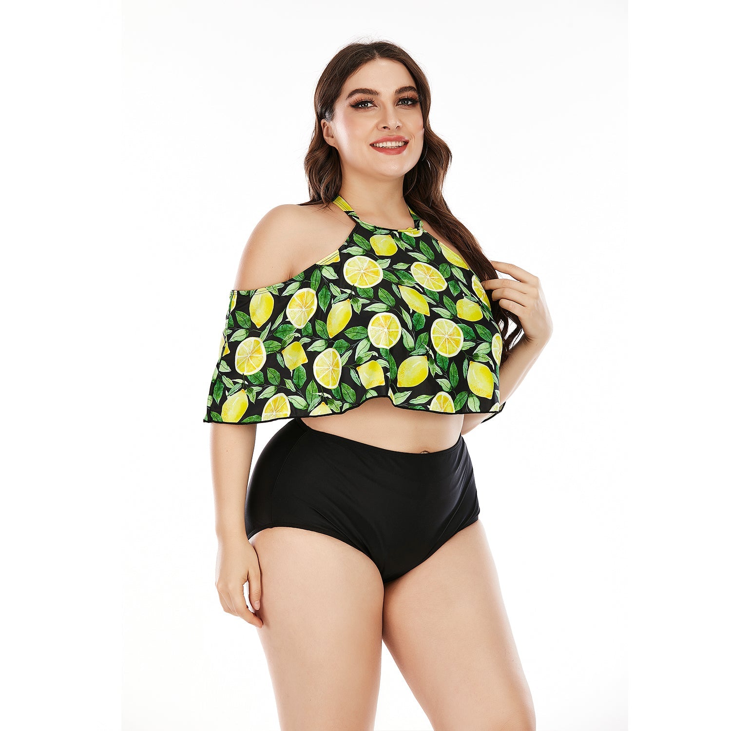 Traje de baño tankini de talla grande SiySiy con parte inferior triangular y hombros descubiertos, traje de baño de dos piezas con estampado de frutas