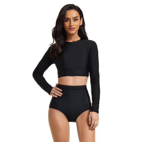 Schwarze Badeanzüge Langarm Badeanzug Crop Top Bademode