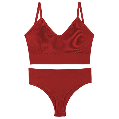 Smooth Comfortable French Triangle Cup Wireless Push-Up Bra & Underwear Set DarkRed