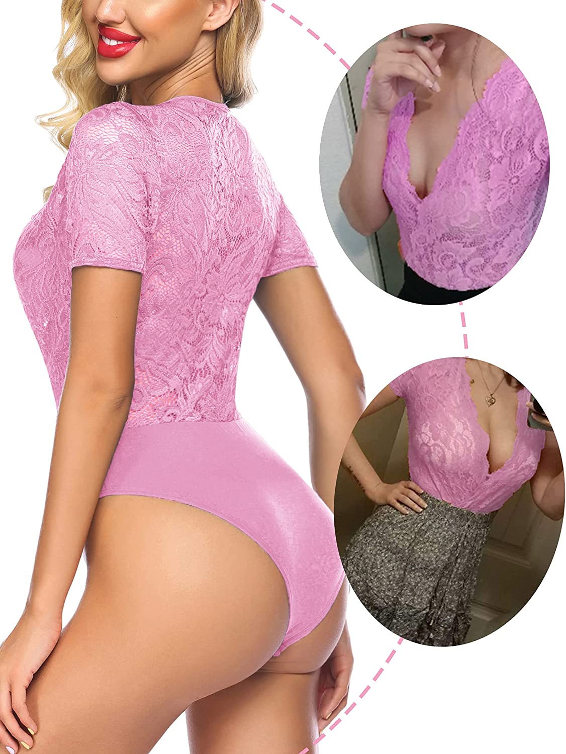 Avidlove Spitzen-Bodysuit mit kurzen Ärmeln, tiefer V-Ausschnitt, Druckknopfverschluss im Schritt, Clubwear-Oberteile, S-XXL