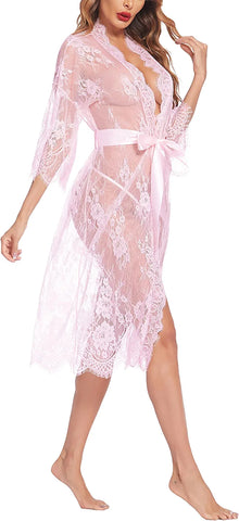 Avidlove Lange Spitzen-Dessous Kimono Robe Transparentes Babydoll-Nachthemd 