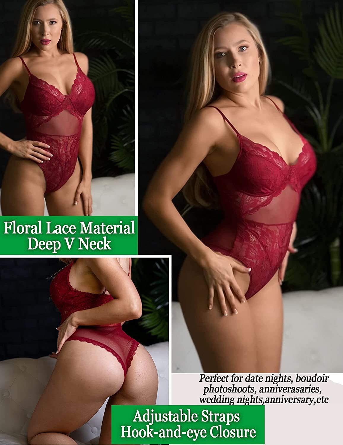 Avidlove Bodysuit mit Druckknopfverschluss im Schritt, Spitzen-Teddy-Dessous, einteilig, Dessous für Damen 