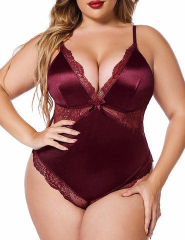 Avidlove Dessous in Übergröße, Teddy-Bodysuit mit Druckknopfverschluss im Schritt, Satin, tiefer V-Ausschnitt, Chemise, Clubwear, L–4XL 