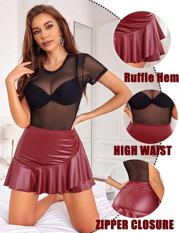 Avidlove Leather Mini Skirt Pleated Skirt High Waist Ruffled Short Skirts Mini Lingerie Skirt with Zipper