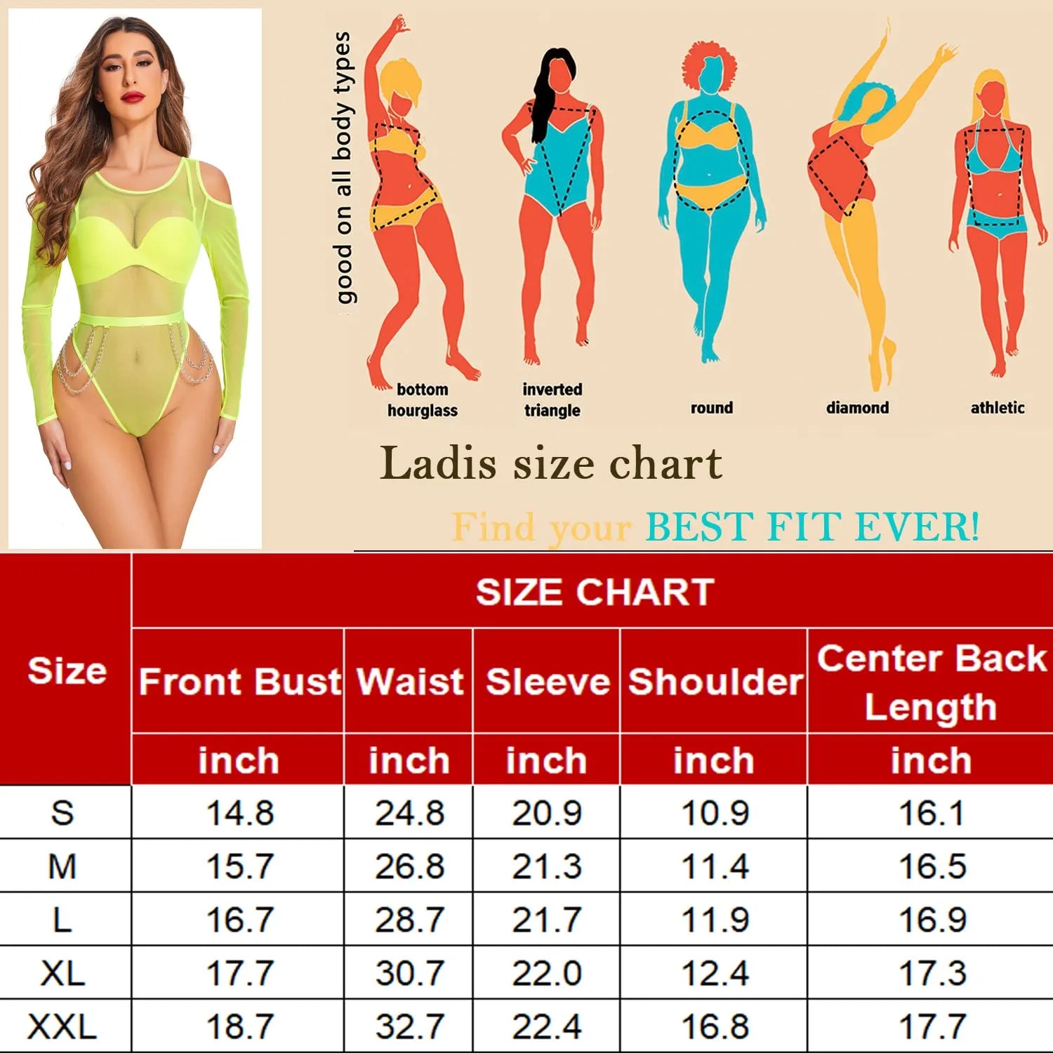 Avidlove Bodysuit für Netzoberteile, kalte Schultern, langärmelige Hemden, Taillenketten, Druckknopf-Schritt, Teddy-Dessous 