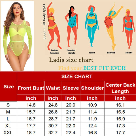 Avidlove Bodysuit for Mesh Tops Cold Shoulder Long Sleeve Shirts Waist Chains Snap Crotch Teddy Lingerie