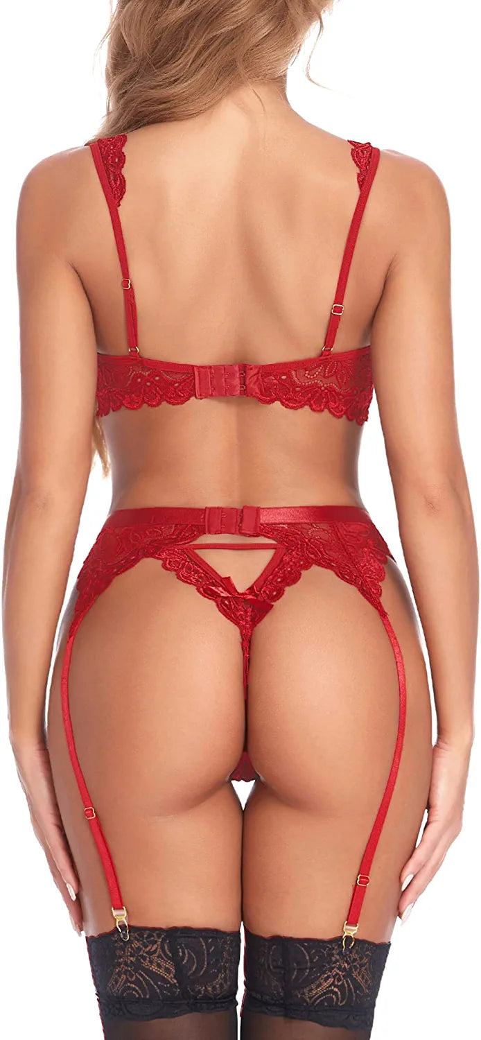 Avidlove Lace Garter Lingerie Set with Underwire Push Up Lingerie Set (No Stockings)