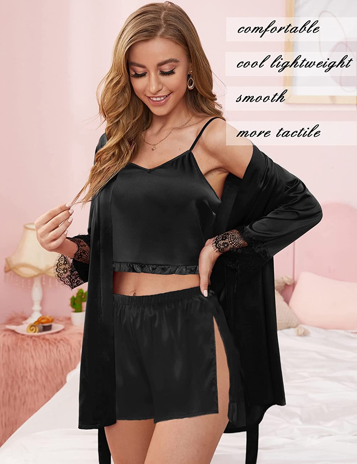 Avidlove Seiden-Pyjama-Set für V-Ausschnitt, gerüschte Satin-Nachtwäsche, solides 2-teiliges Cami-Shorts-Set 