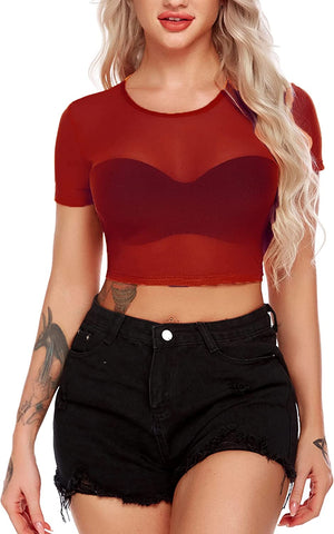 Top corto de malla Avidlove para camisetas ajustadas de manga corta, blusa transparente, cuello redondo, ropa de club 