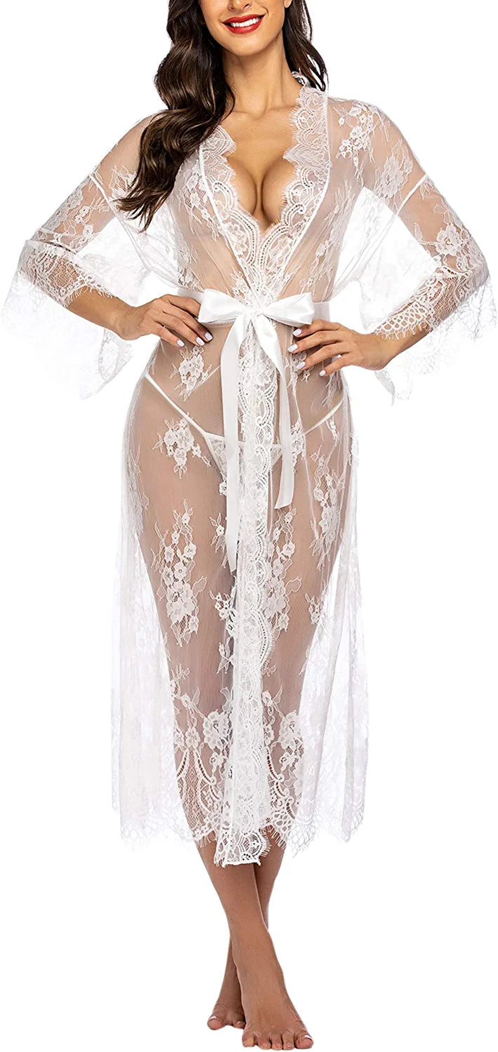 Avidlove Long Lace Lingerie Kimono Robe Sheer Babydoll Nightgown Nightdress