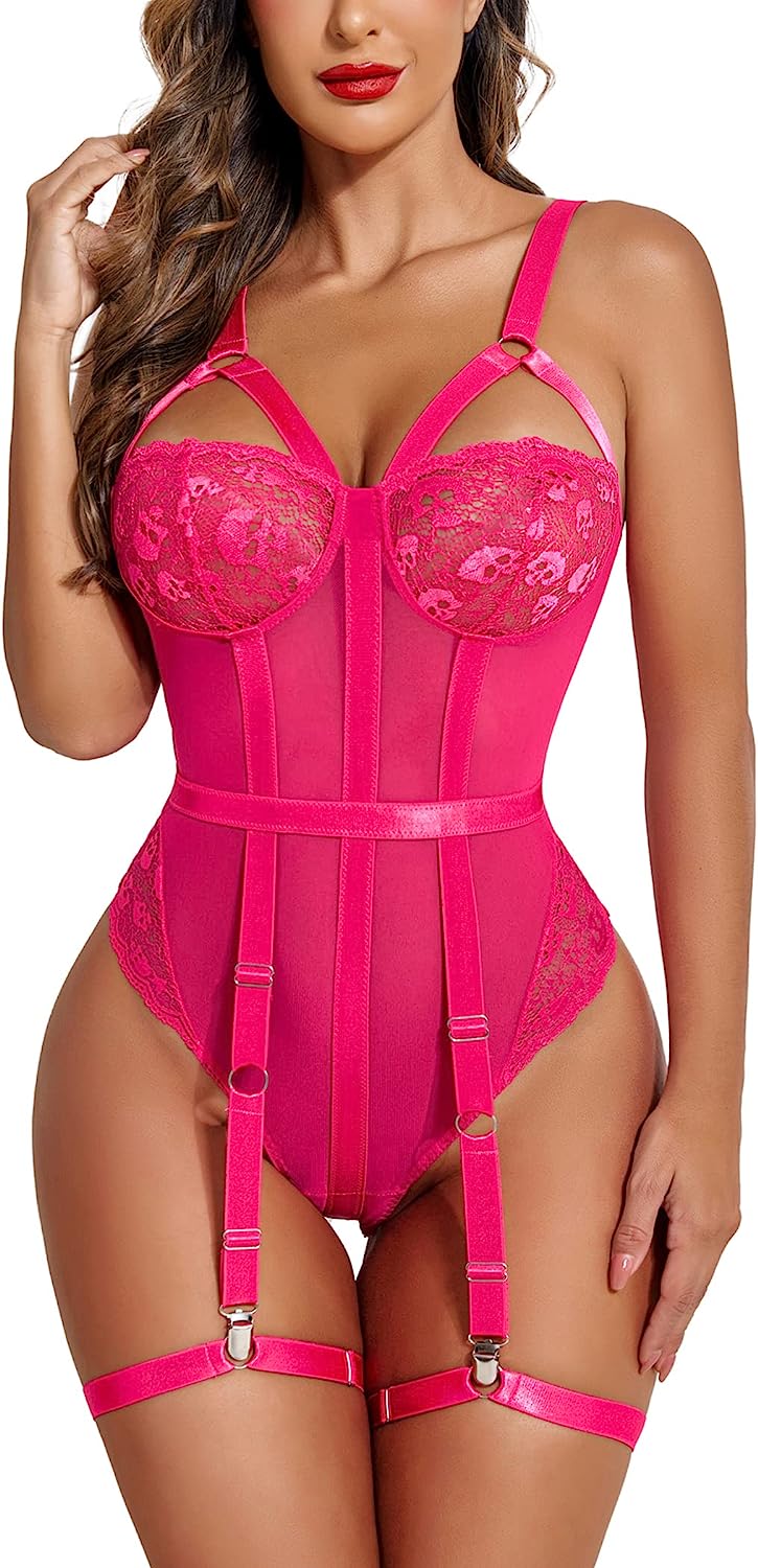 Avidlove Teddy-Dessous mit Strumpfhalter, einteilig, freche Riemchen-Dessous, exotischer Spitzen-Bodysuit 