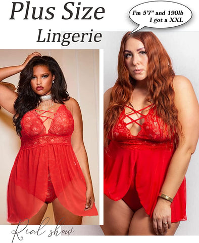 Avidlove - Babydoll de talla grande con entrepierna a presión, lencería con escote en V y encaje, ropa de dormir de talla grande (L-4XL)