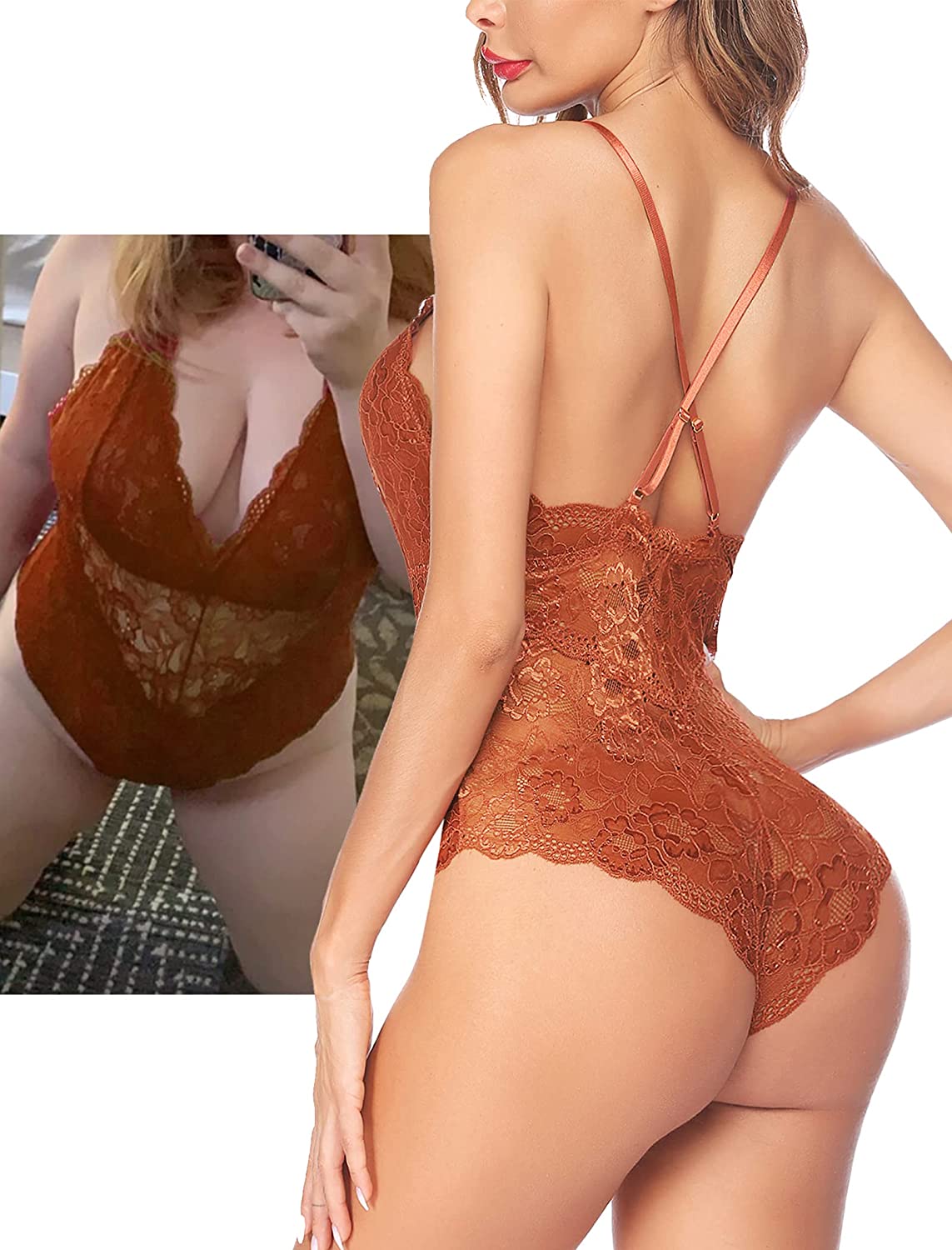 Avidlove Dessous mit Druckknopfverschluss im Schritt, Spitzen-Bodysuit, tiefer V-Ausschnitt, Teddy, einteilig, Spitzen-Babydoll 