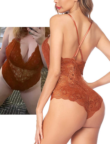 Avidlove Snap Crotch Lingerie Lace Bodysuit Deep V Teddy One Piece Lace Babydoll