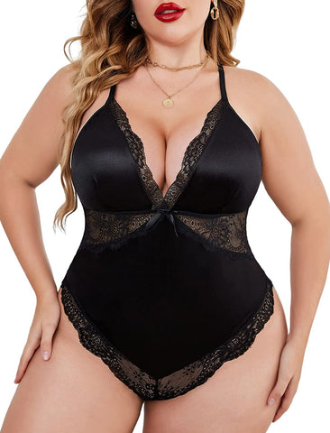 Avidlove Dessous in Übergröße, Teddy-Bodysuit mit Druckknopfverschluss im Schritt, Satin, tiefer V-Ausschnitt, Chemise, Clubwear, L–4XL 