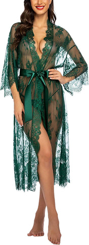 Avidlove Lange Spitzen-Dessous Kimono Robe Transparentes Babydoll-Nachthemd 